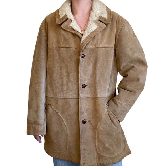 Vintage 80s Mens Aldens Tan Brown Suede Faux Shearling Lined Western Jacket 44R - Picture 1 of 11